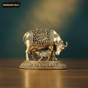 Brass Kamdhenu Cow & Calf Statue | Miniature Hindu Sculpture