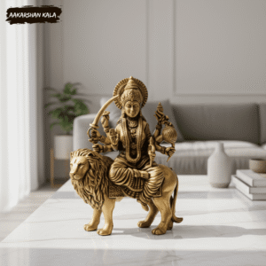 Brass Durga Maa Statue | 3" Hindu Goddess on Lion, Pooja Decor