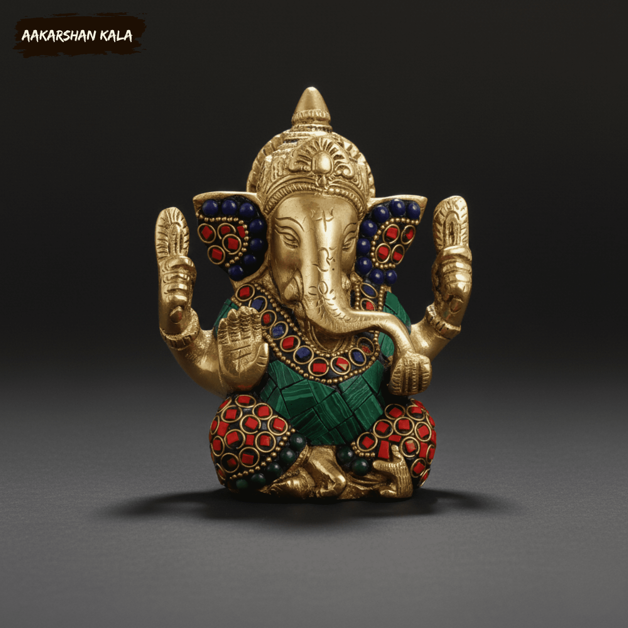 Brass Ganesha Statue with Stonework | Hindu Temple Decor - Image 2