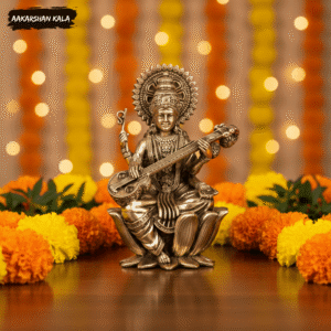 Brass Saraswati Statue | Hindu Goddess of Knowledge, 4" Tall
