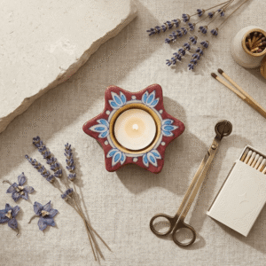 Handmade Jaipur Blue Pottery Diya | Star Shape Tea Light Candle Holder