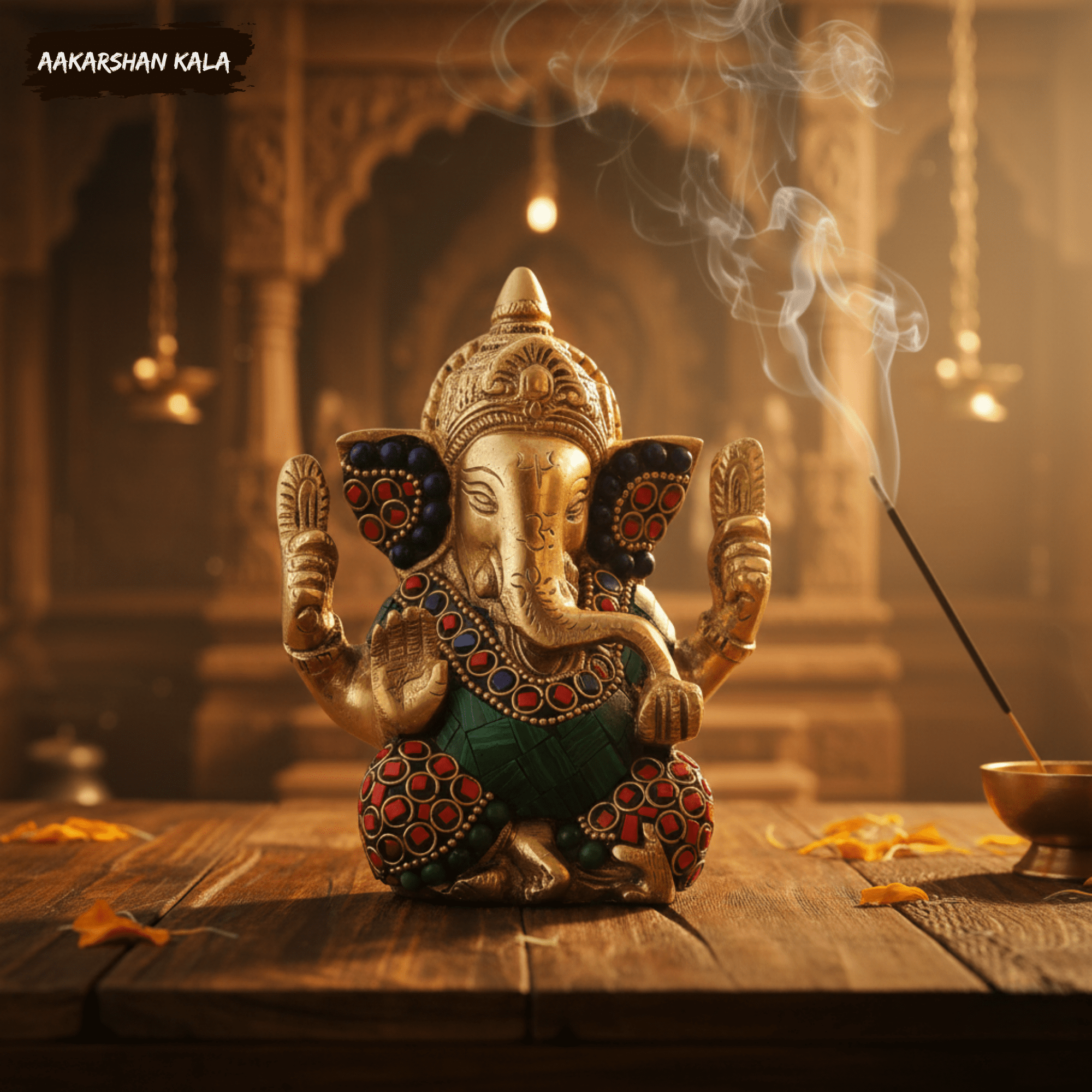 Brass Ganesha Statue with Stonework | Hindu Temple Decor - Image 3