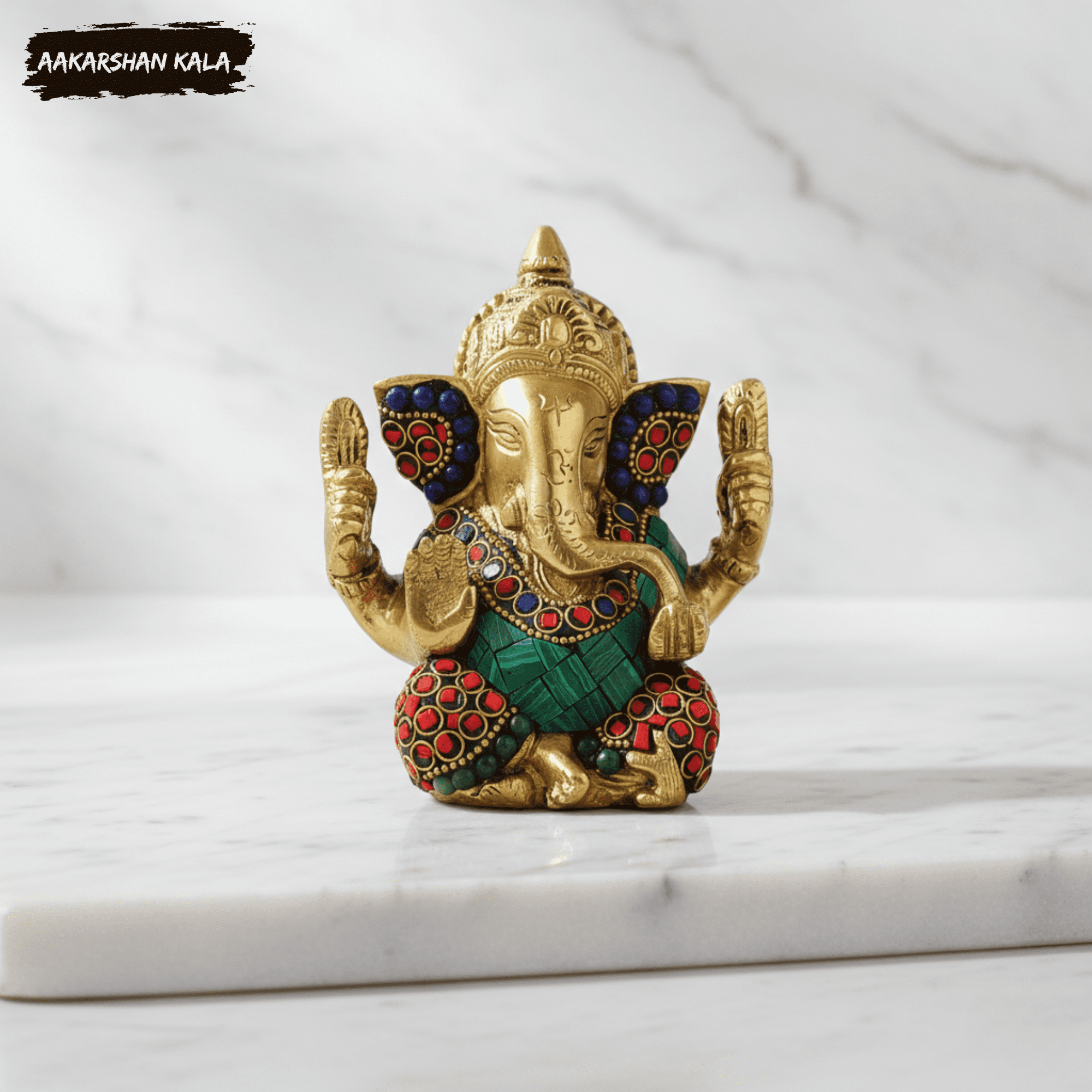 Brass Ganesha Statue with Stonework | Hindu Temple Decor - Image 4
