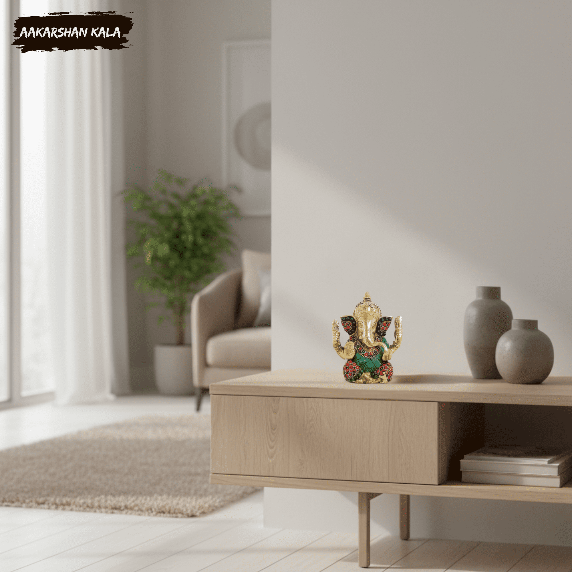 Brass Ganesha Statue with Stonework | Hindu Temple Decor - Image 6