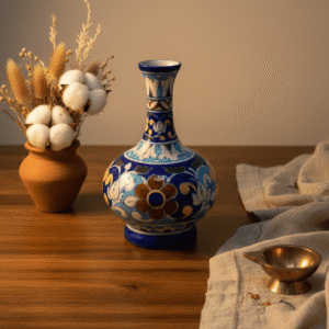 Traditional Jaipur Blue Pottery Surai Vase – Floral Design, 8 Inch