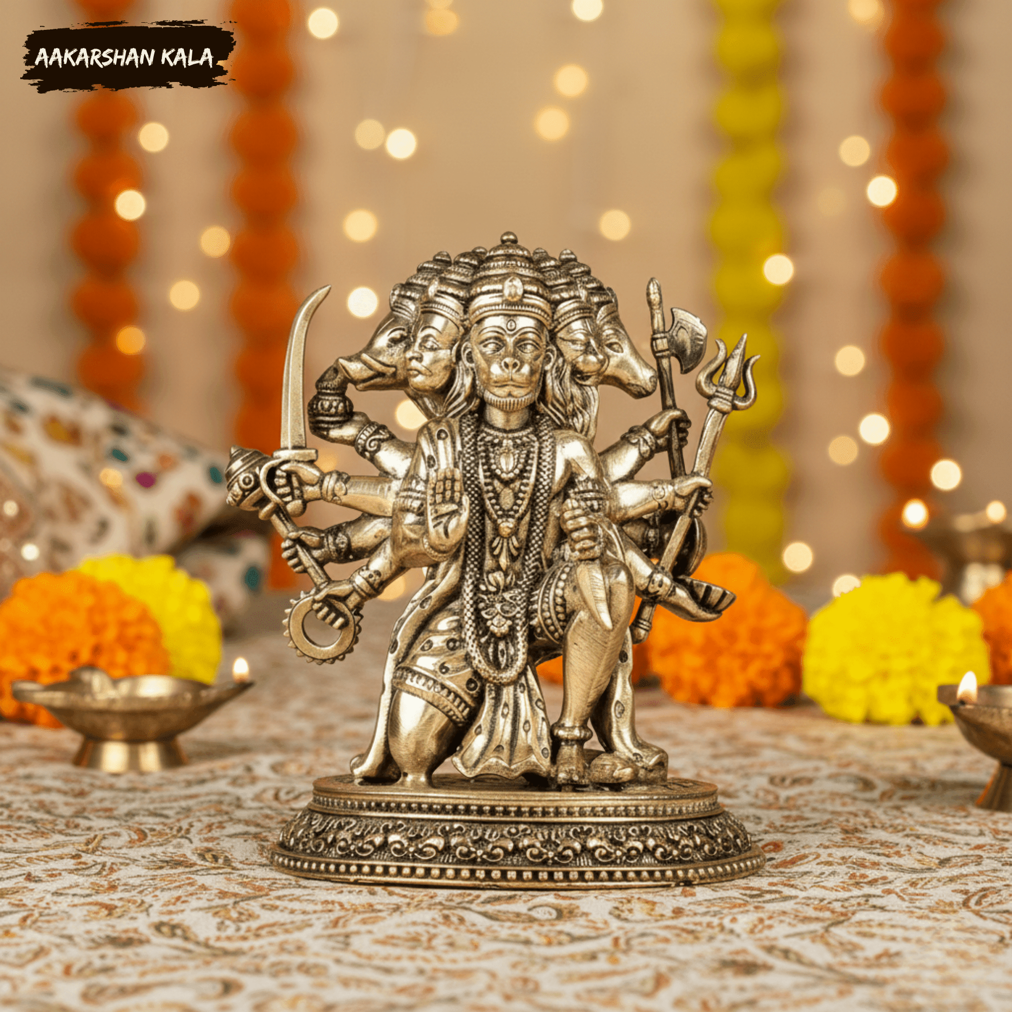 Brass Panchmukhi Hanuman Idol | 4 Inch Hindu God Murti - Image 4