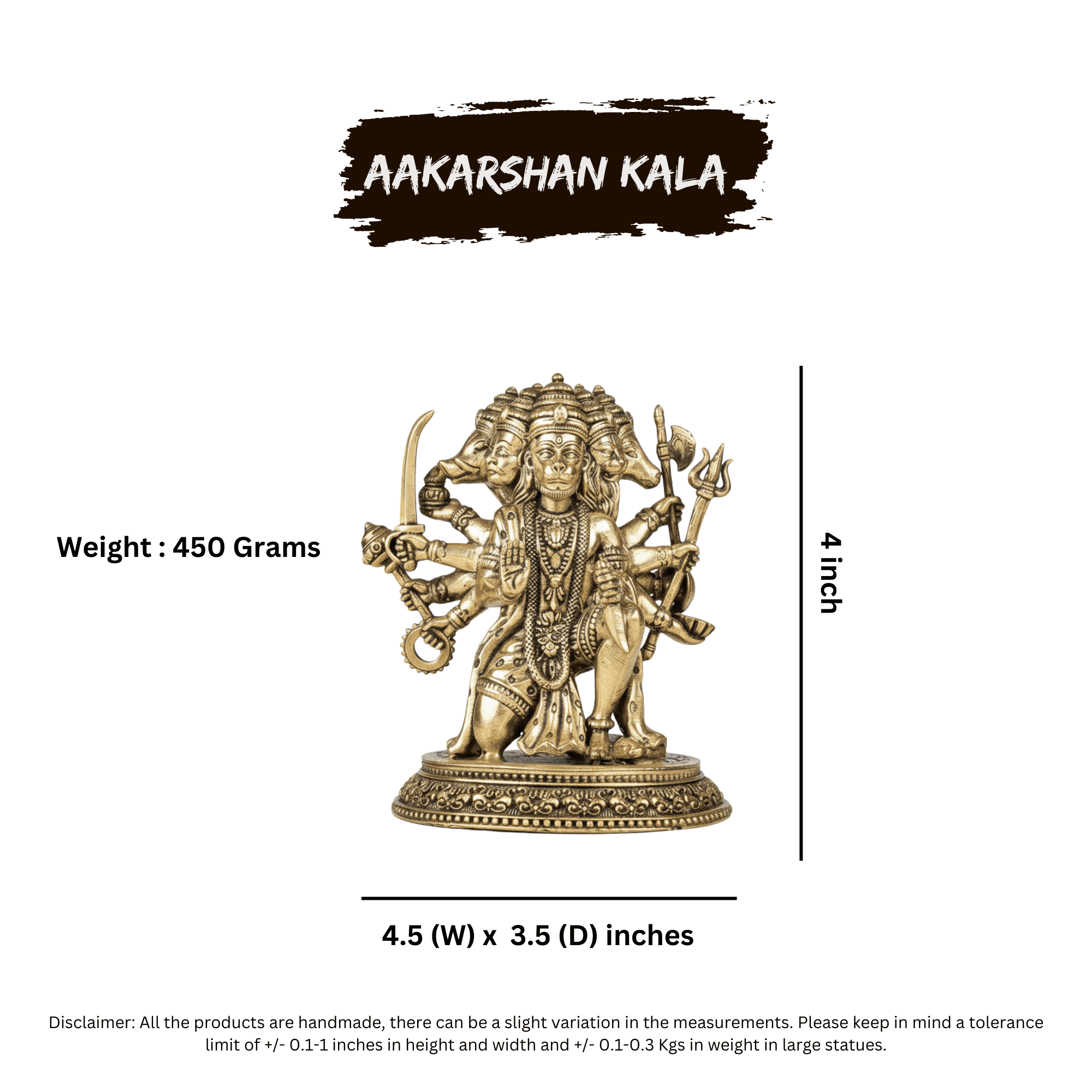 Brass Panchmukhi Hanuman Idol | 4 Inch Hindu God Murti - Image 3