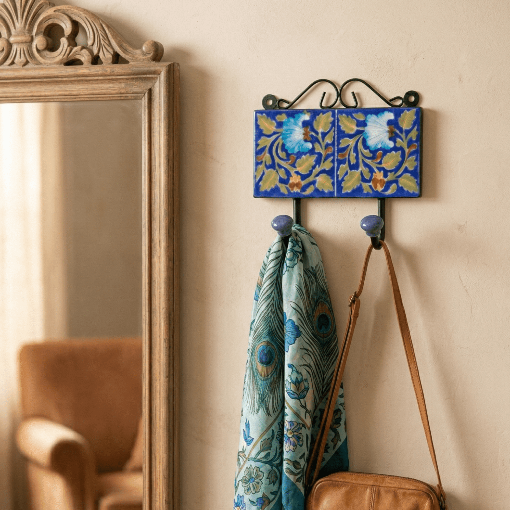 Jaipur Blue Pottery Double Wall Hook 3 x 6 Inch | Handmade Decorative Key Holder - Image 3