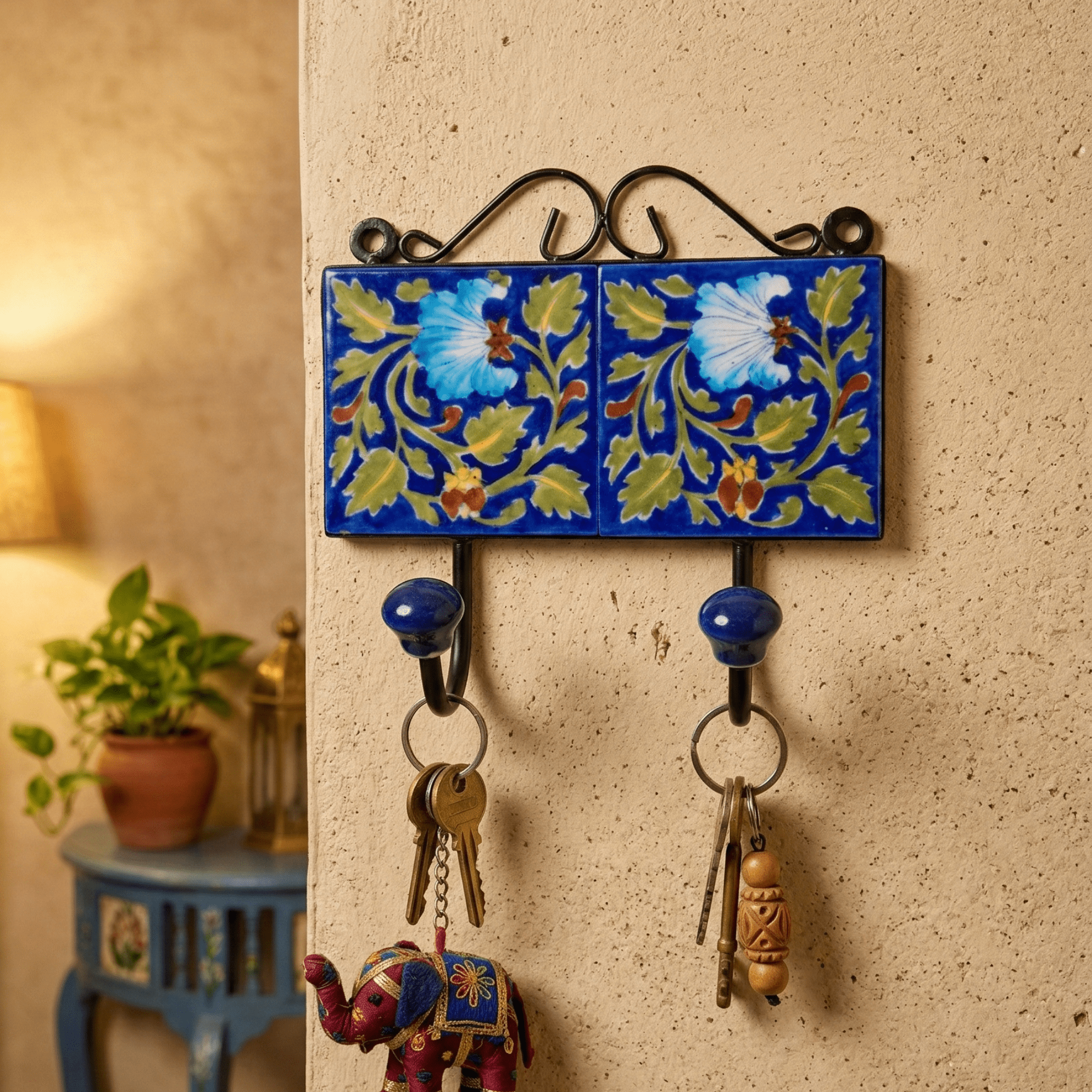 Jaipur Blue Pottery Double Wall Hook 3 x 6 Inch | Handmade Decorative Key Holder