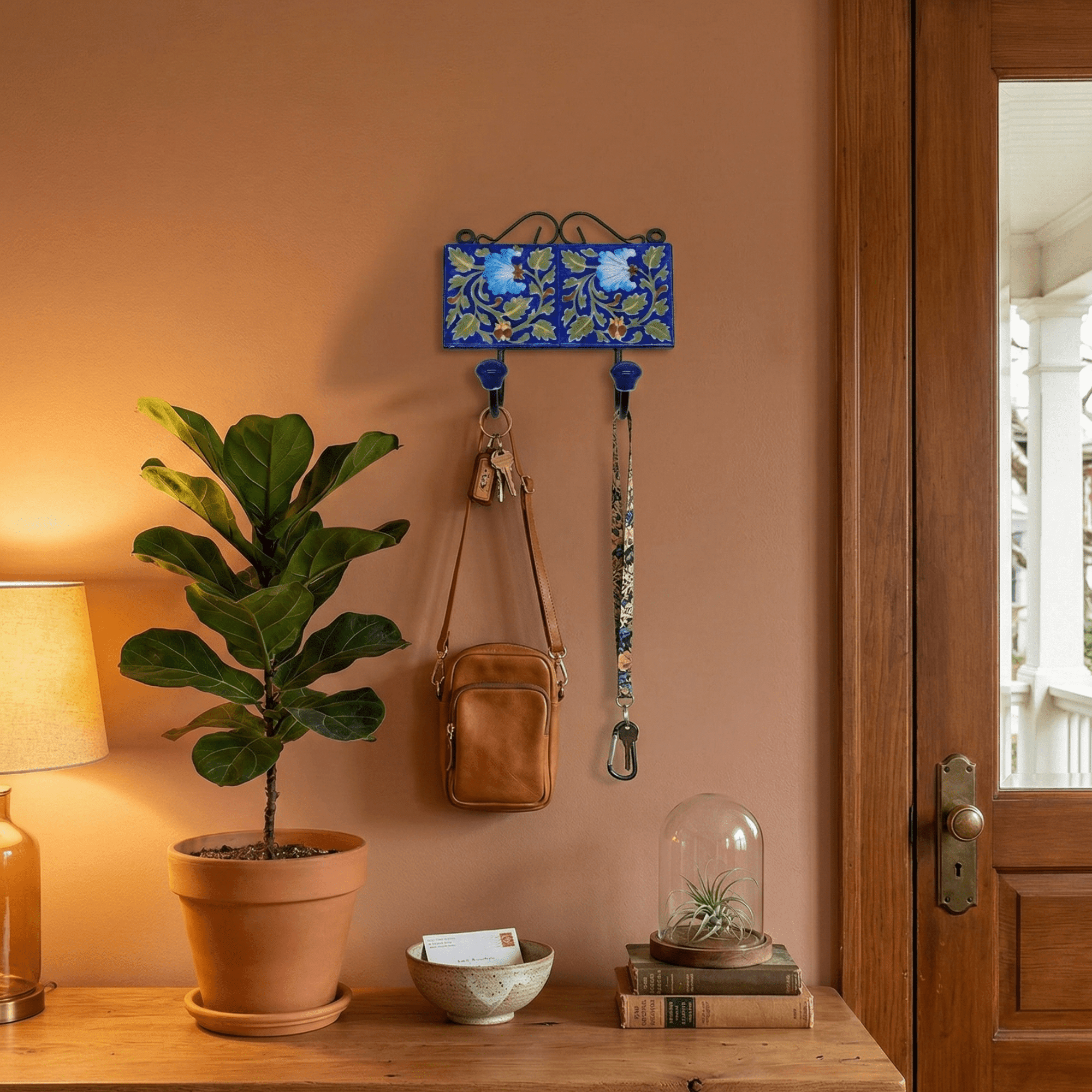 Jaipur Blue Pottery Double Wall Hook 3 x 6 Inch | Handmade Decorative Key Holder - Image 4