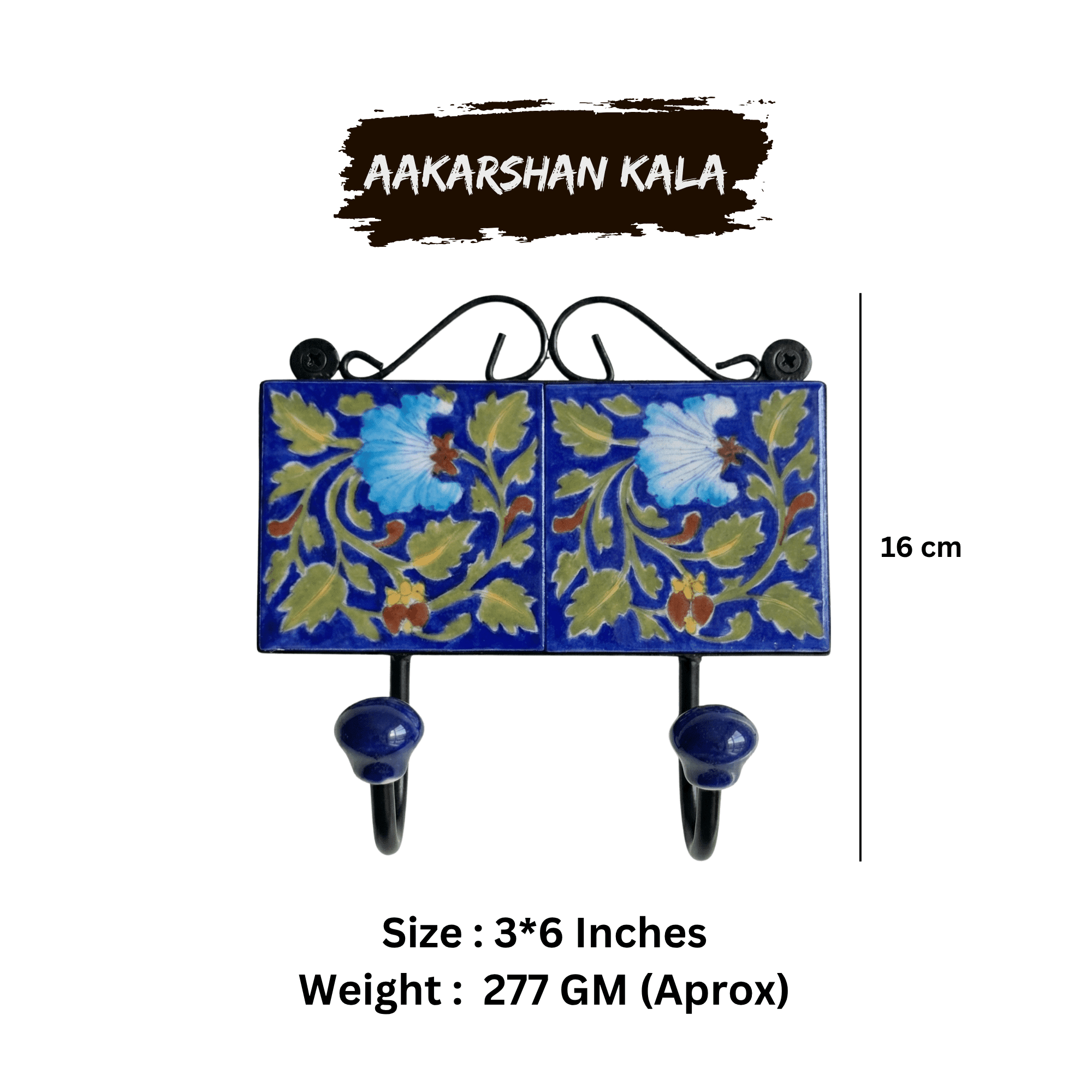 Jaipur Blue Pottery Double Wall Hook 3 x 6 Inch | Handmade Decorative Key Holder - Image 5