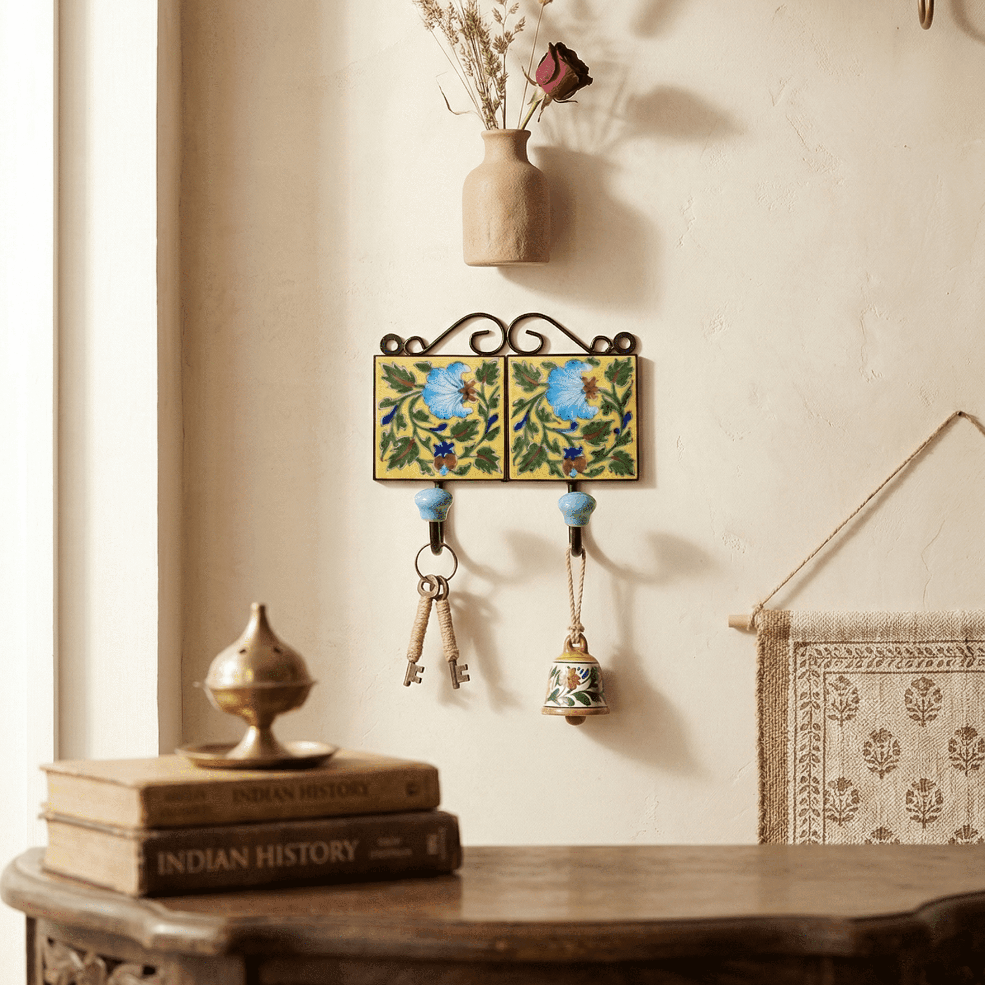 Handmade Jaipur Blue Pottery Dual Hook Wall Hanger - Image 2