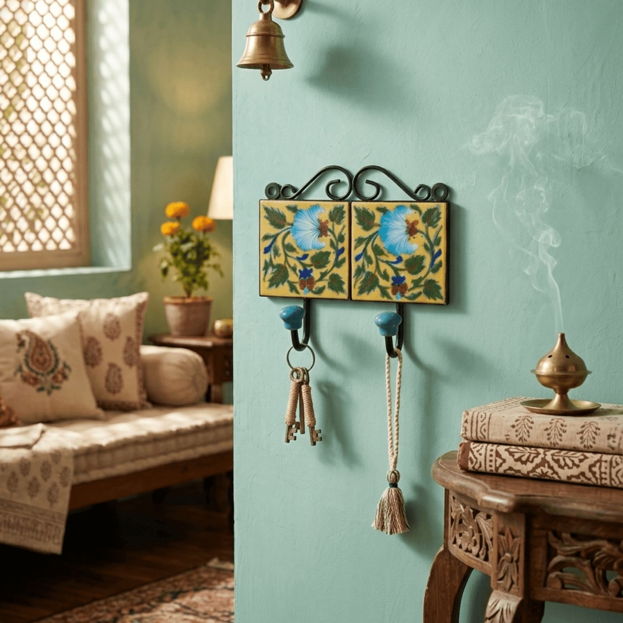 Handmade Jaipur Blue Pottery Dual Hook Wall Hanger - Image 3