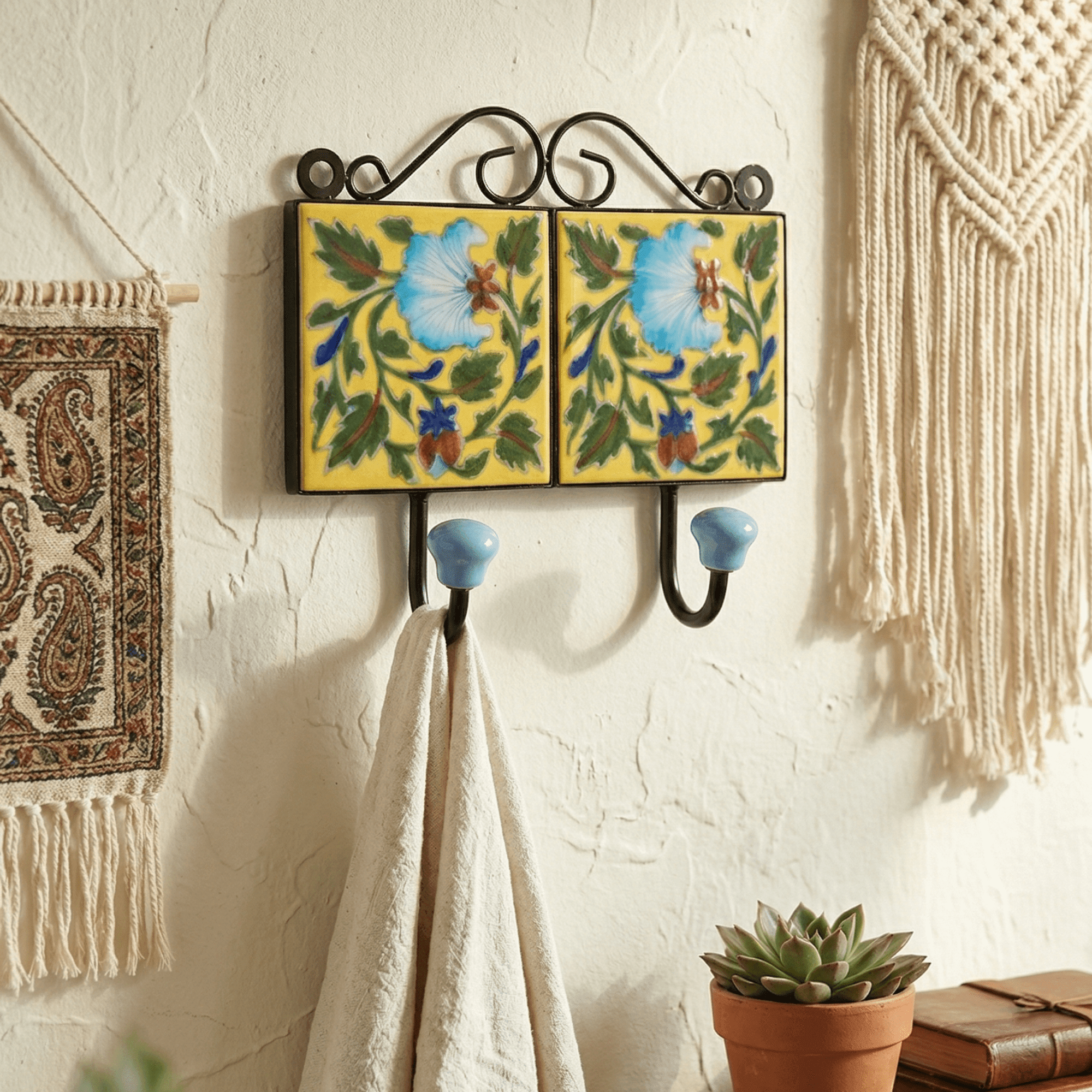 Handmade Jaipur Blue Pottery Dual Hook Wall Hanger