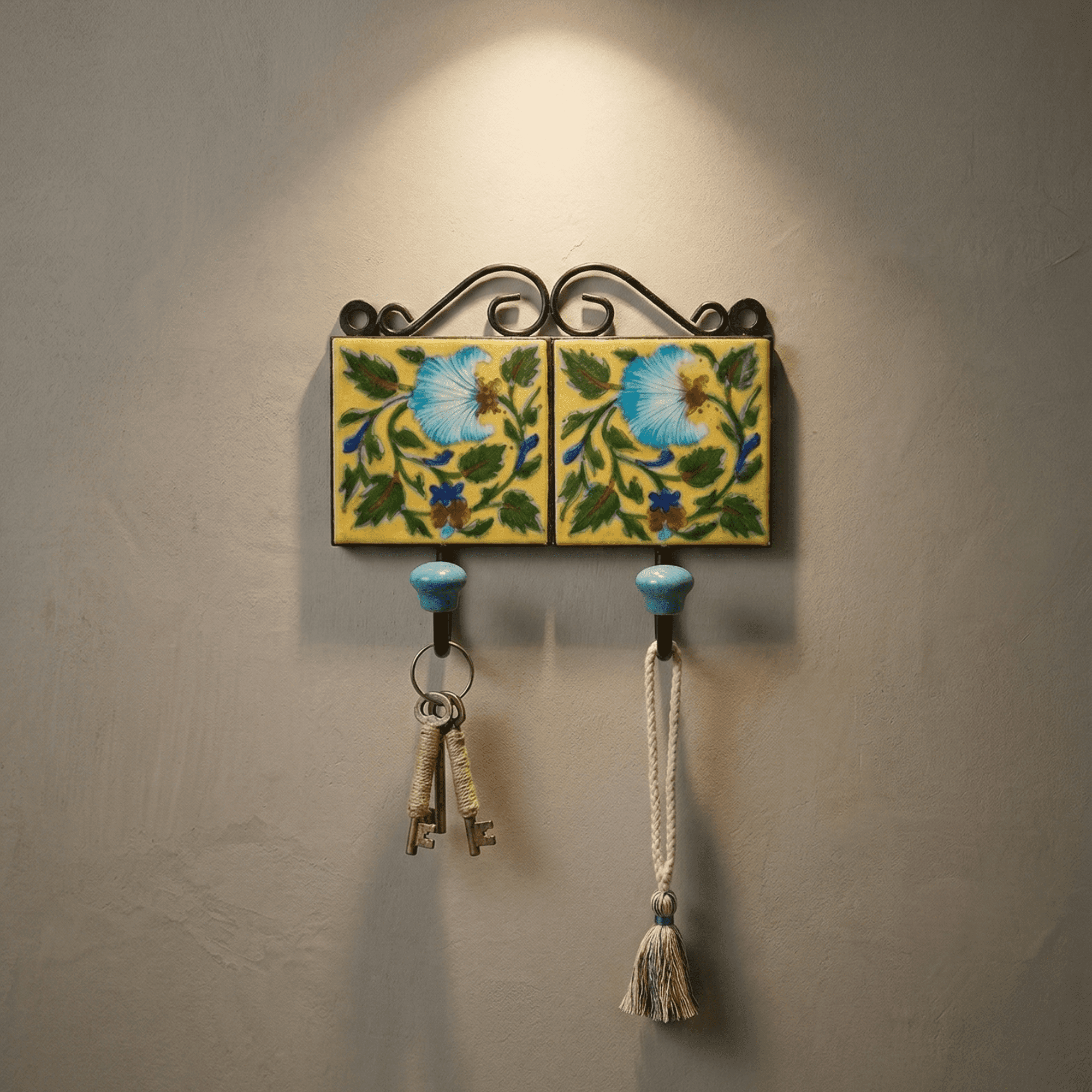 Handmade Jaipur Blue Pottery Dual Hook Wall Hanger - Image 4