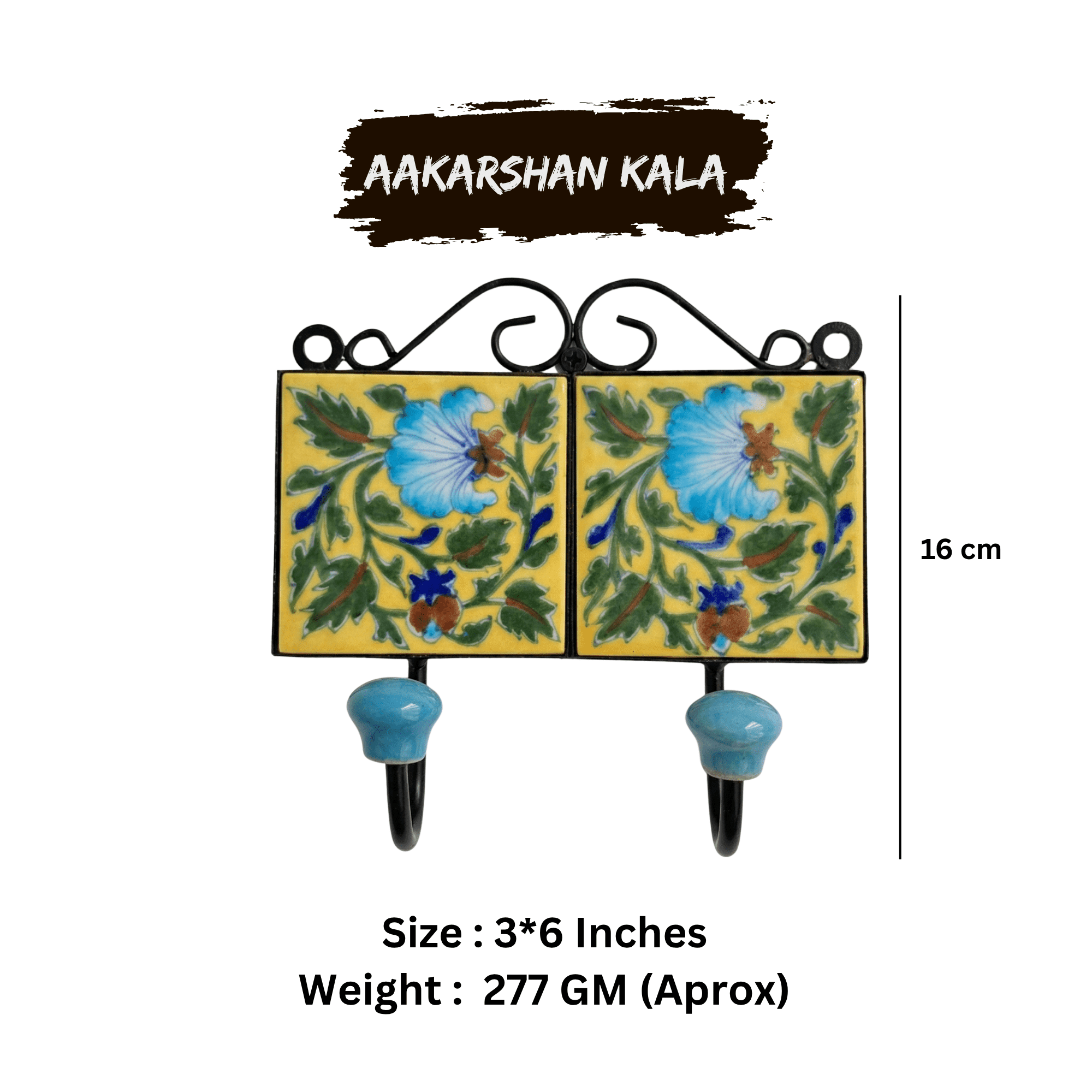 Handmade Jaipur Blue Pottery Dual Hook Wall Hanger - Image 5