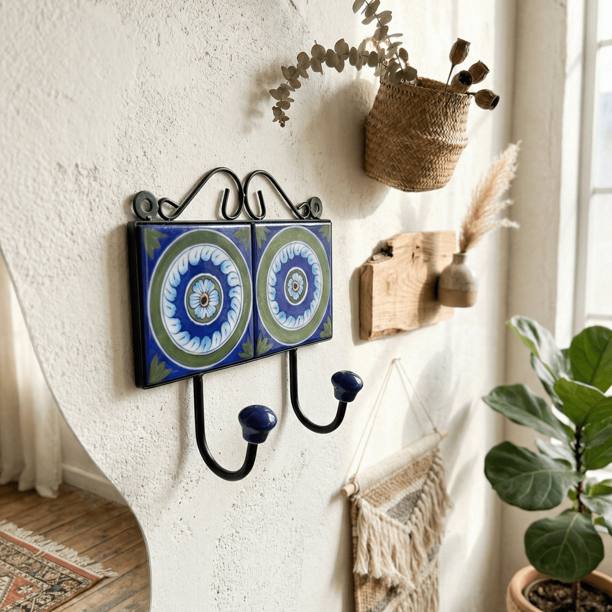 Jaipur Blue Pottery Key Holder Double Hook 3 x 6 Inch - Image 2