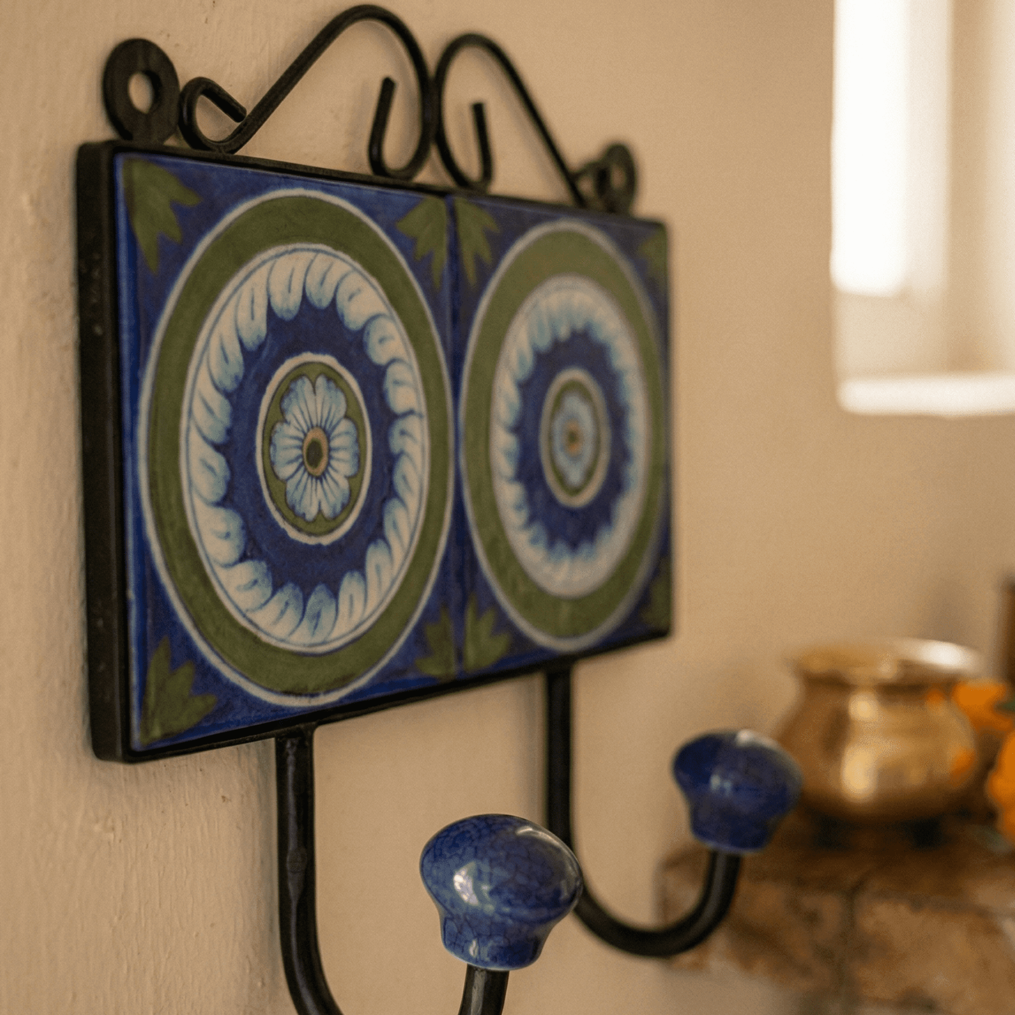 Jaipur Blue Pottery Key Holder Double Hook 3 x 6 Inch - Image 3