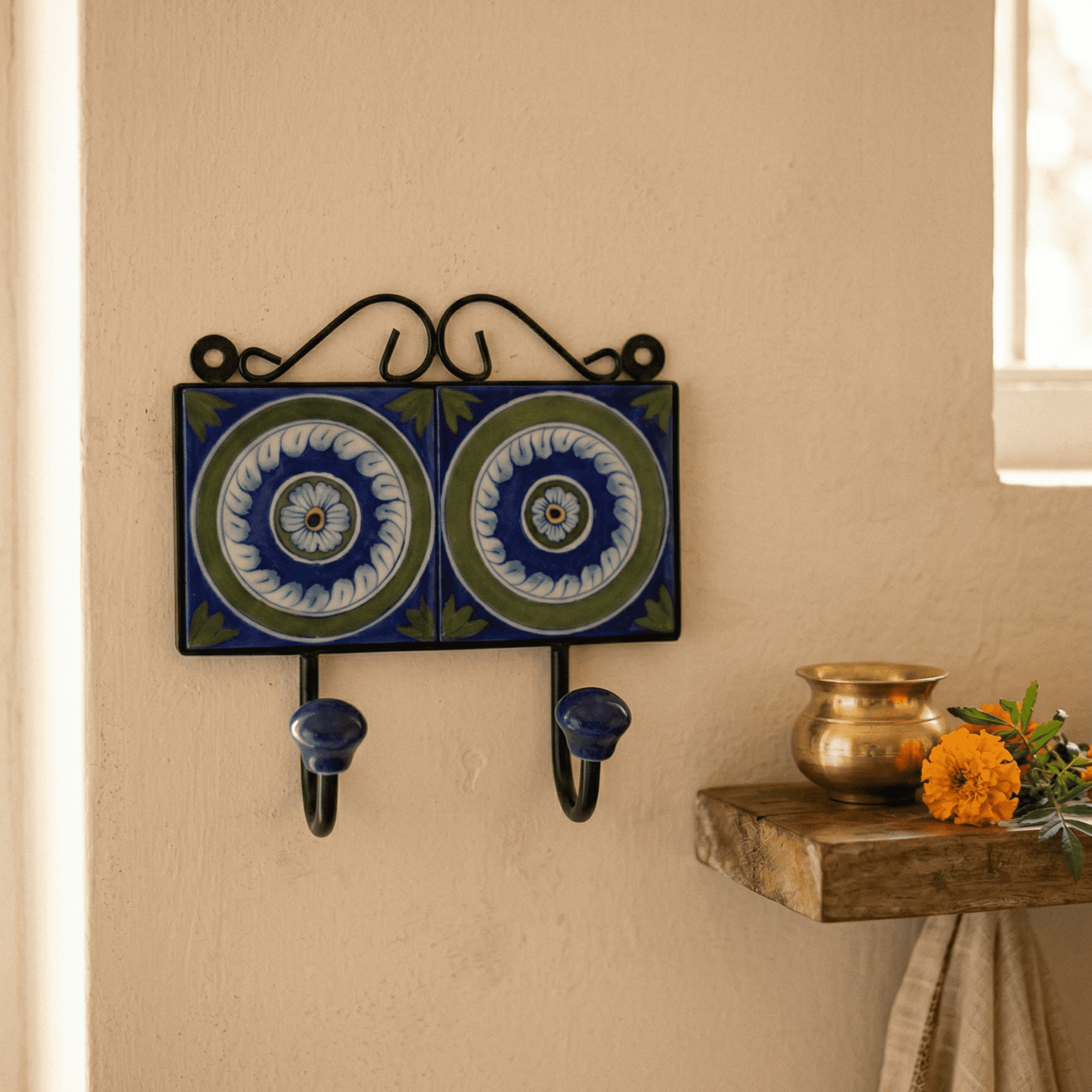 Jaipur Blue Pottery Key Holder Double Hook 3 x 6 Inch