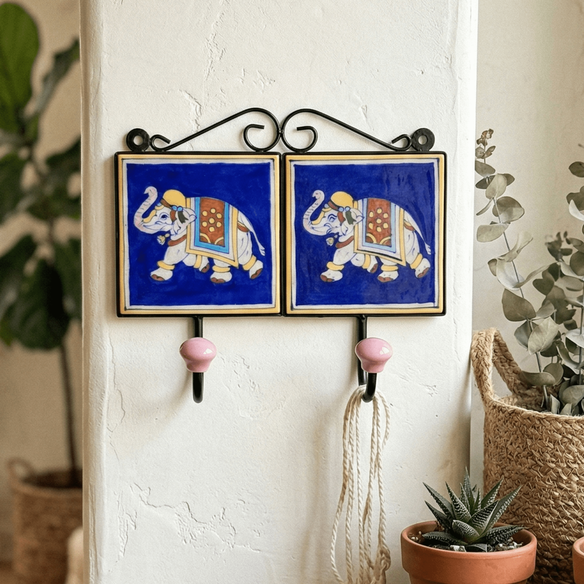 Jaipur Blue Pottery Elephant Design Wall Hanger with Dual Hooks