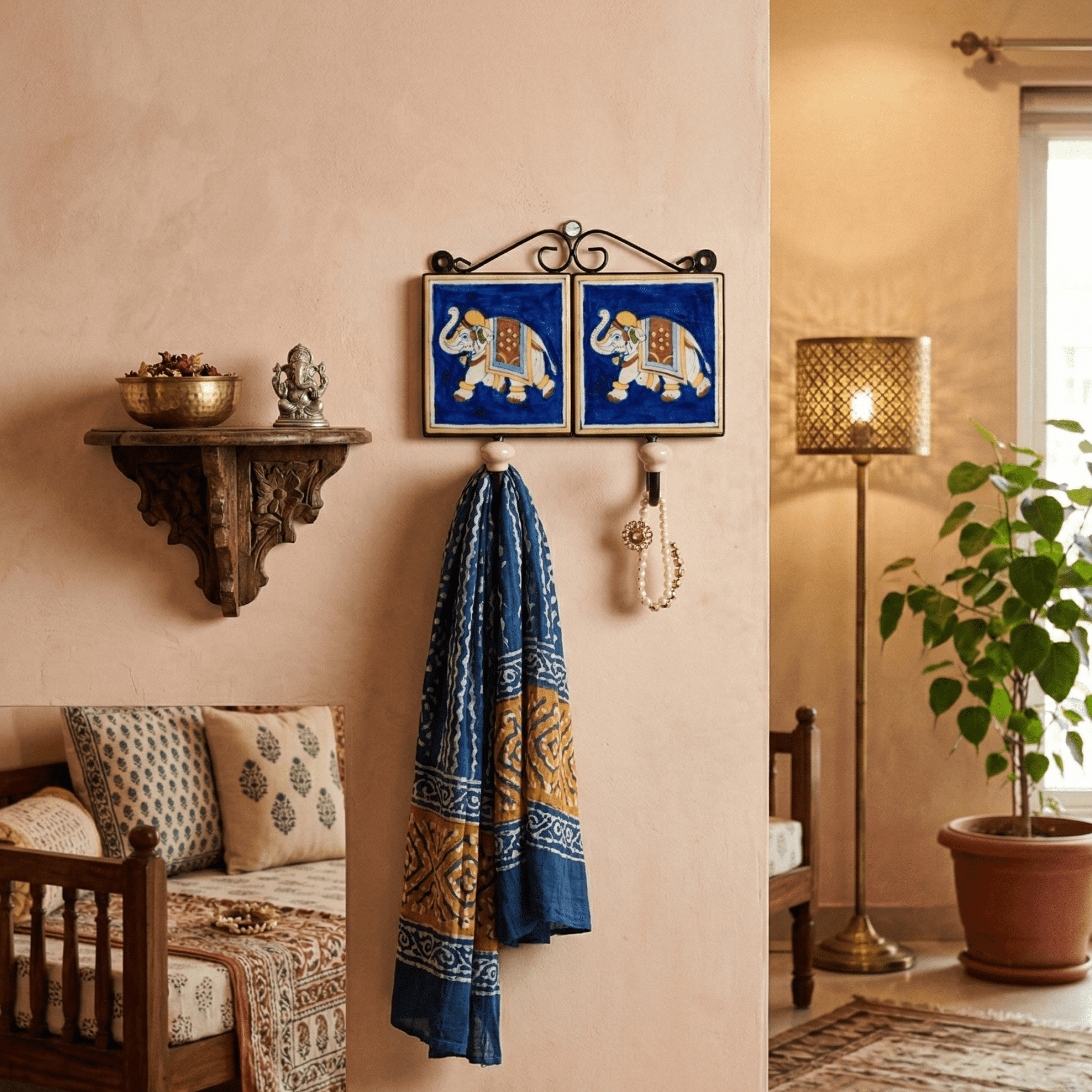 Jaipur Blue Pottery Elephant Design Wall Hanger with Dual Hooks - Image 2