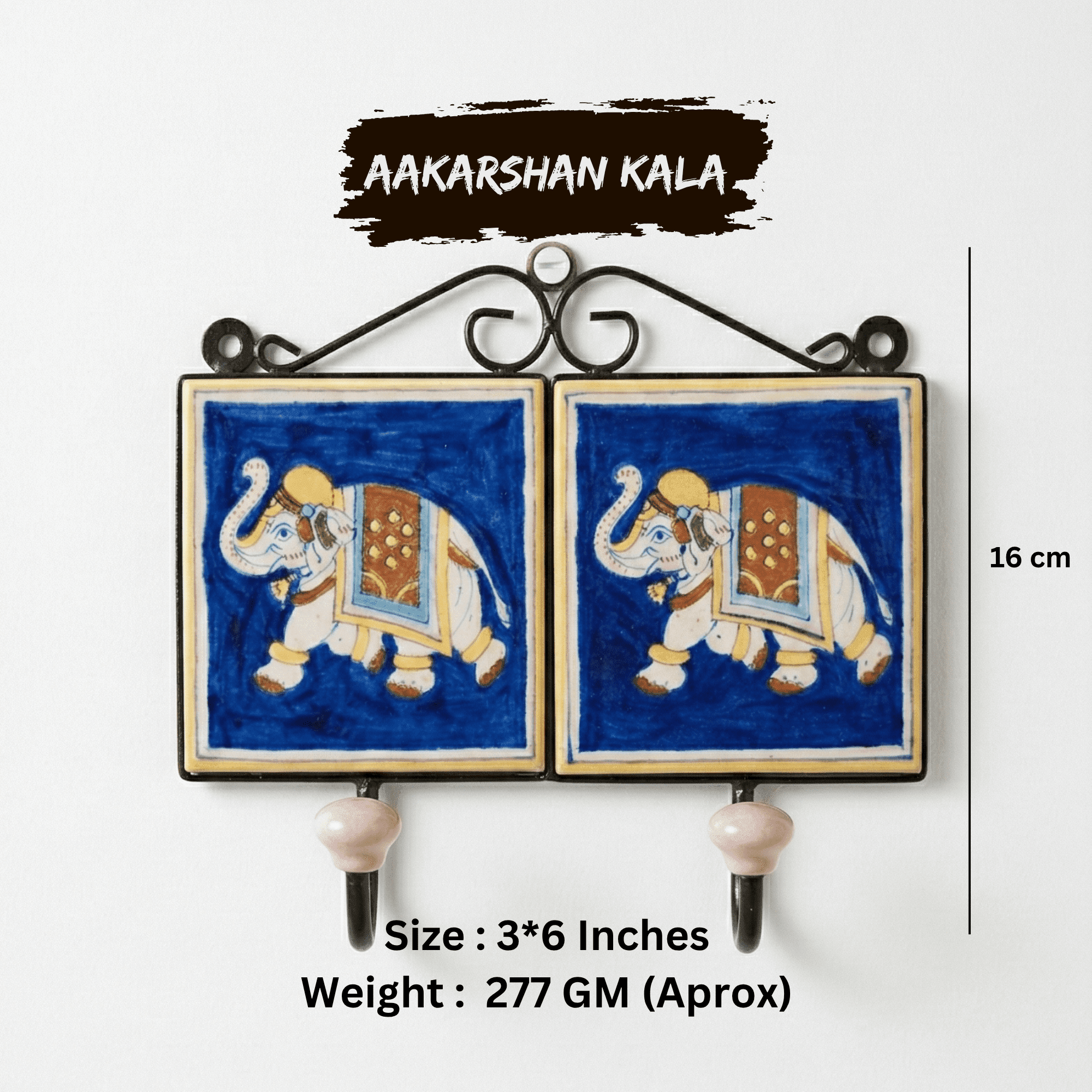 Jaipur Blue Pottery Elephant Design Wall Hanger with Dual Hooks - Image 3