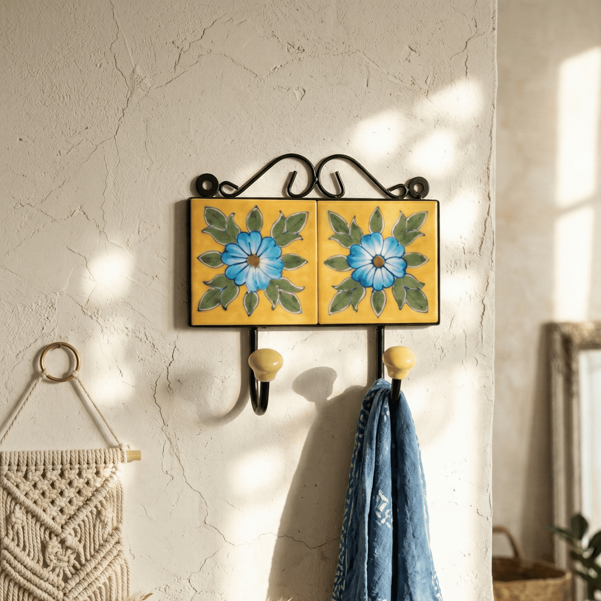 Blue Pottery Wall Mounted Double Hook 3 x 6 Inch