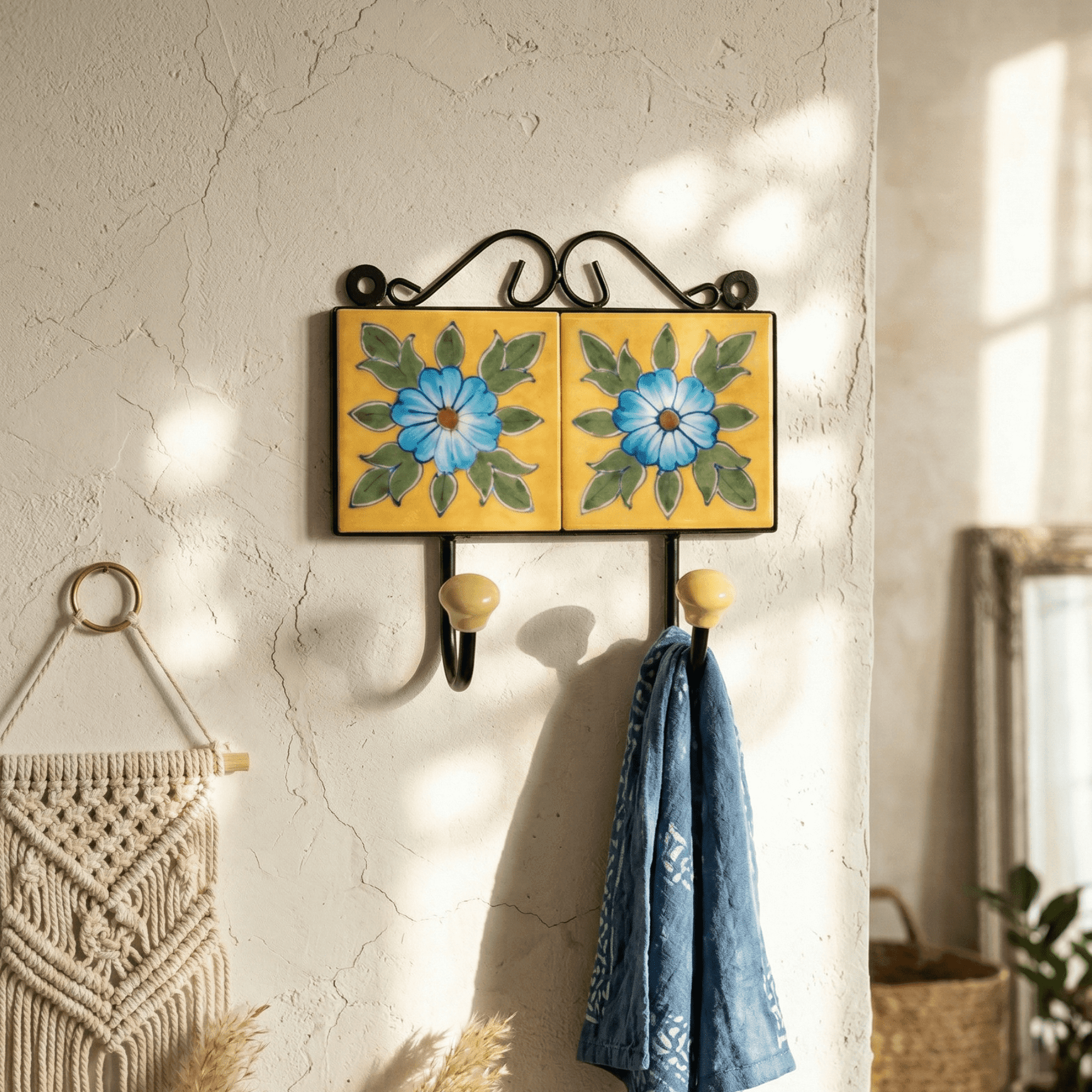 Blue Pottery Wall Mounted Double Hook 3 x 6 Inch - Image 2