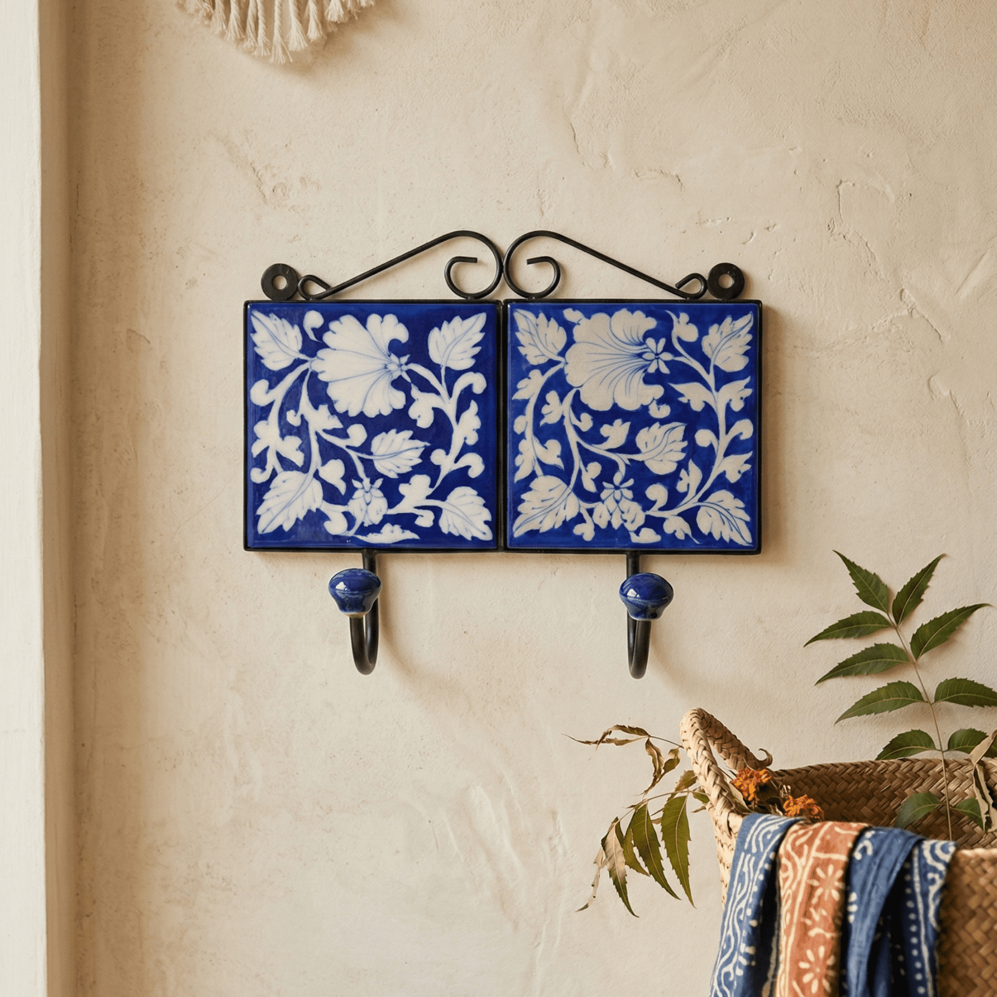 Jaipur Blue Pottery Floral Wall Hook Dual Hook