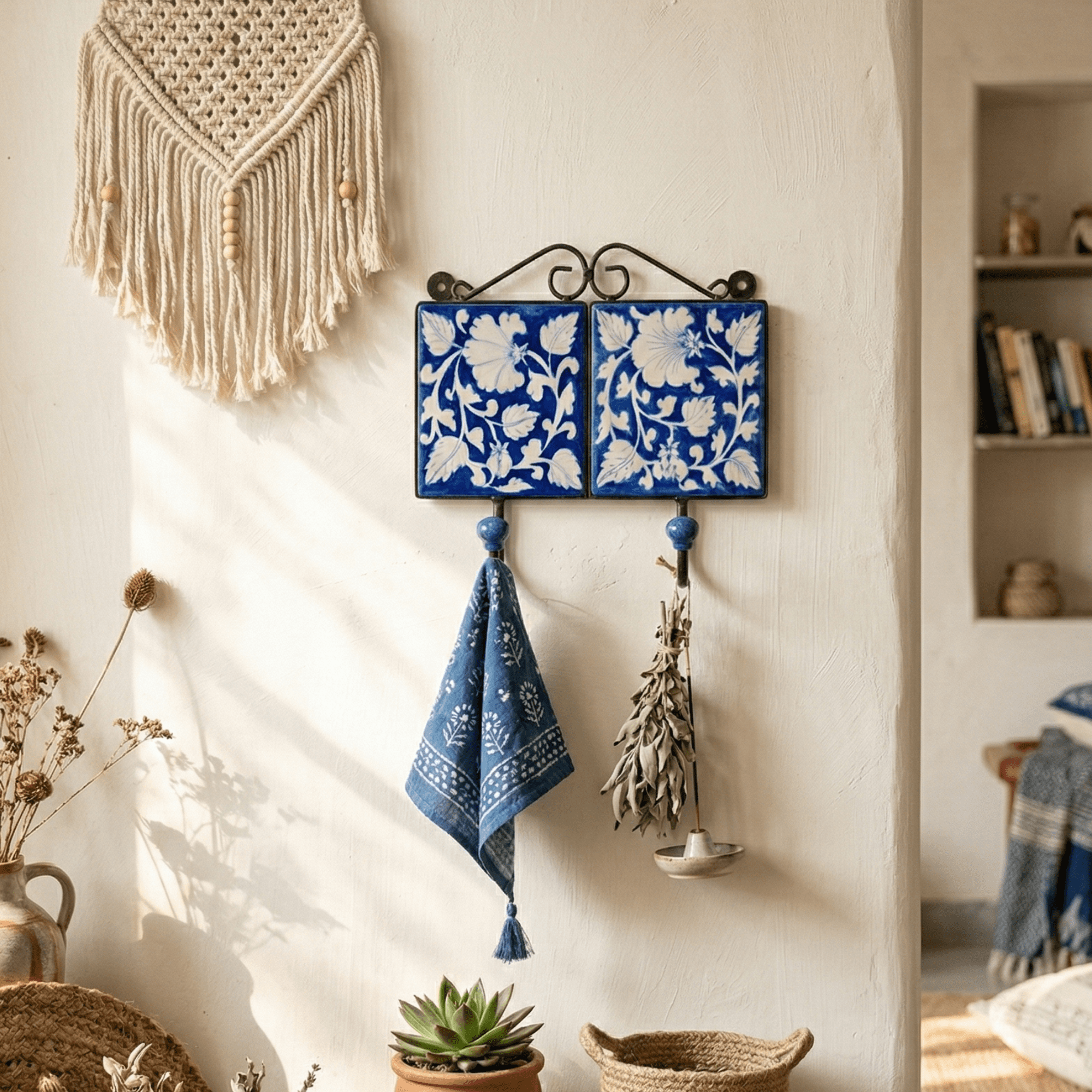 Jaipur Blue Pottery Floral Wall Hook Dual Hook - Image 2