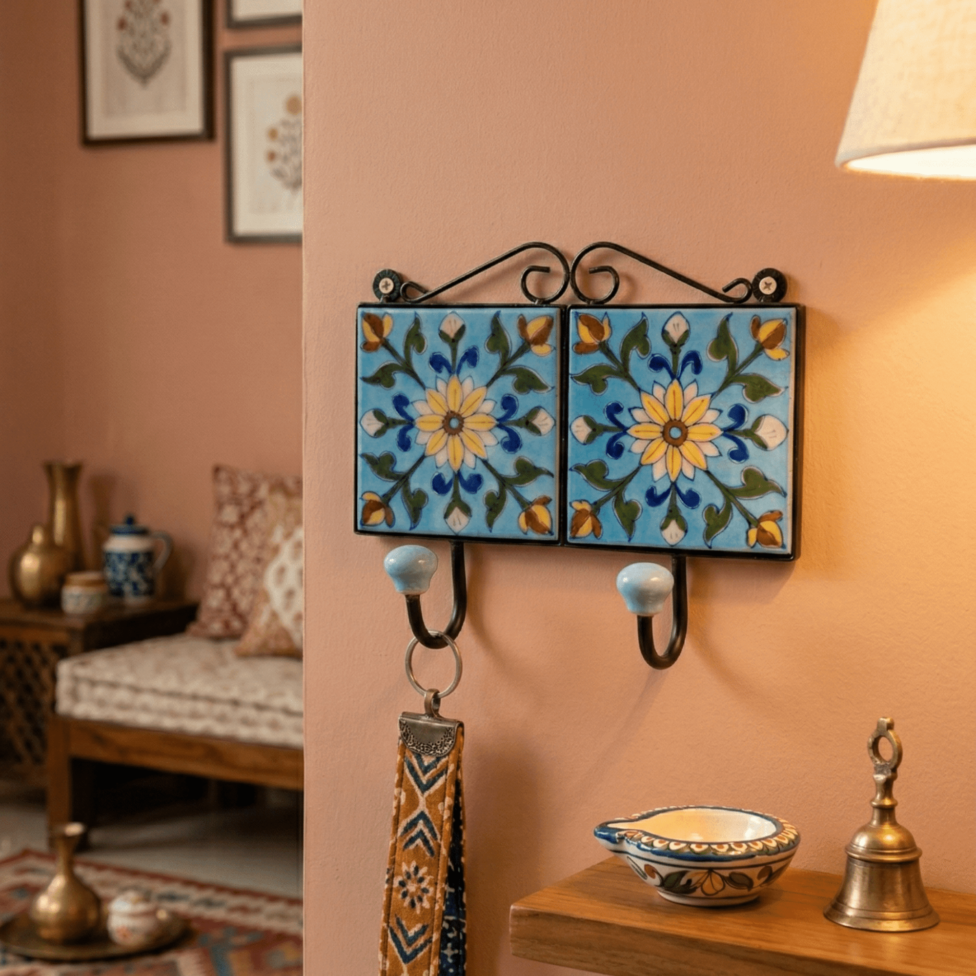 Traditional Jaipur Blue Pottery Double Wall Hook